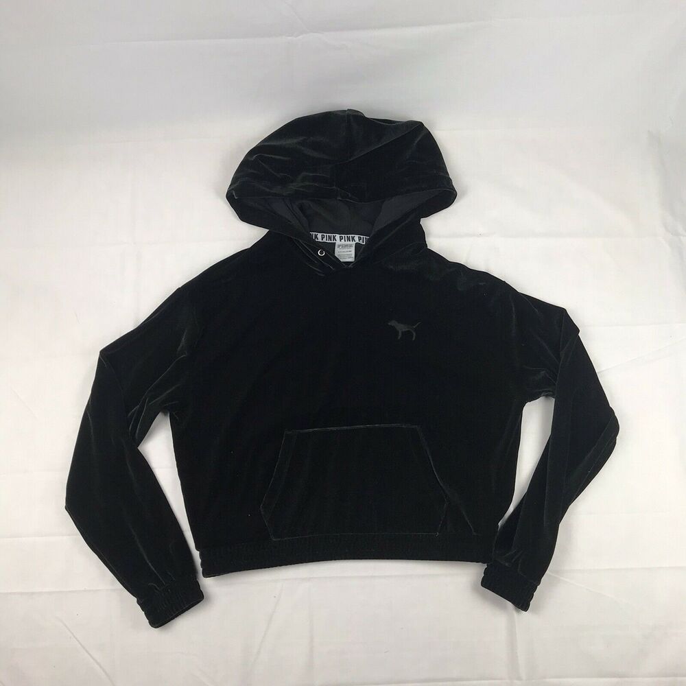 Victoria's Secret PINK Black Velour Velvet‎ Pullover Cropped Elastic Hoodie S